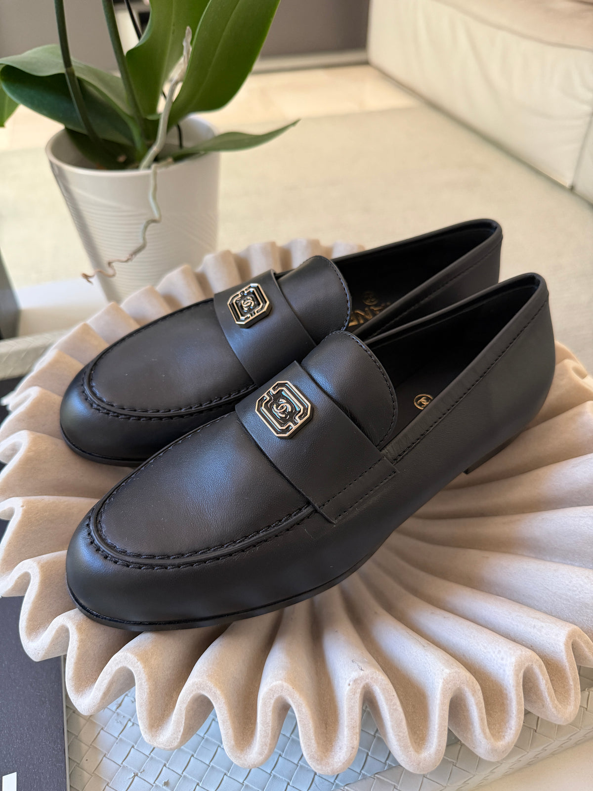 Chanel 2024 Classic Lambskin Leather Black Enamel CC Logo Moccasins Loafers Flats Shoes