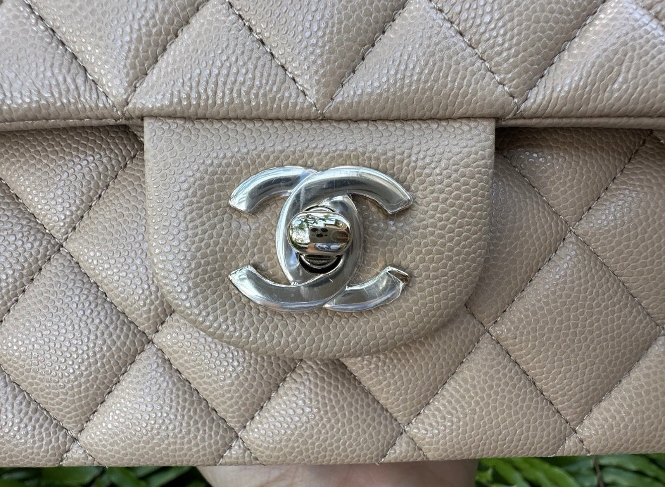 CHANEL DARK BEIGE CAVIAR LEATHER MEDIUM CLASSIC DOUBLE FLAP BAG LIGHT GOLD HARDWARE