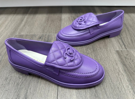 Chanel 23P Purple Quilted Flap Turn Lock CC Logo Slip On Flat Oxford Loafers Mocassins