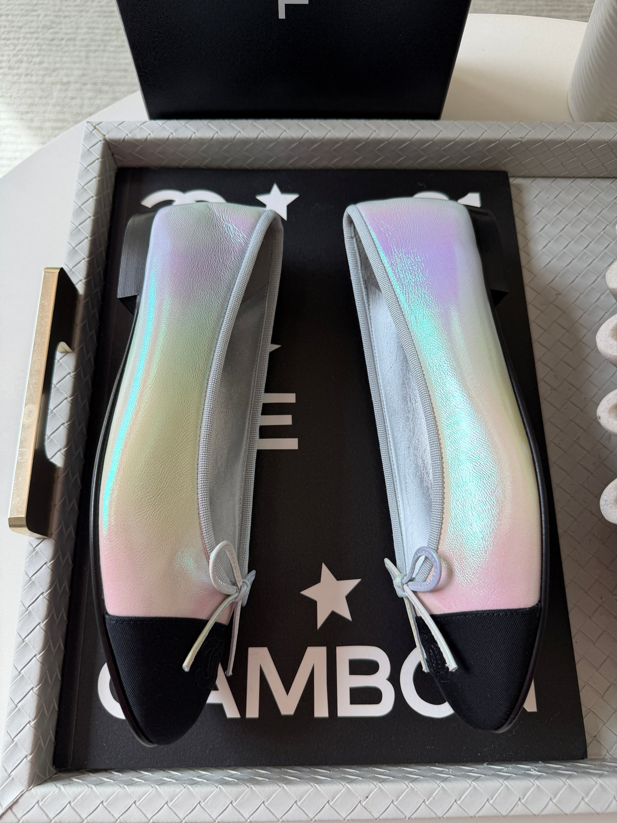 Chanel 26K Pearl White Silver Iridescent Black Cap Toe Ballet Ballerina Flats