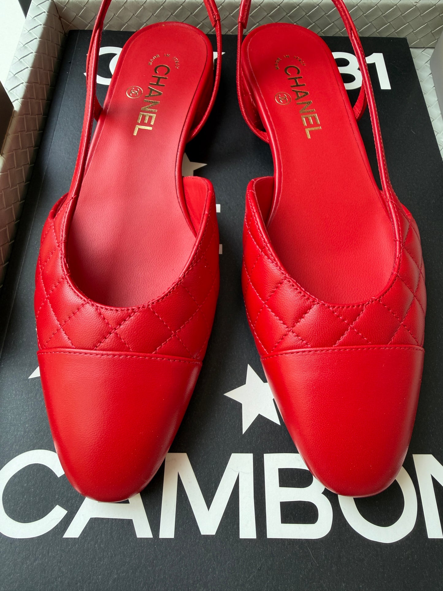 Chanel 26B Red Agneau Rouge Quilted Lambskin Leather Slingback Sling CC Flats