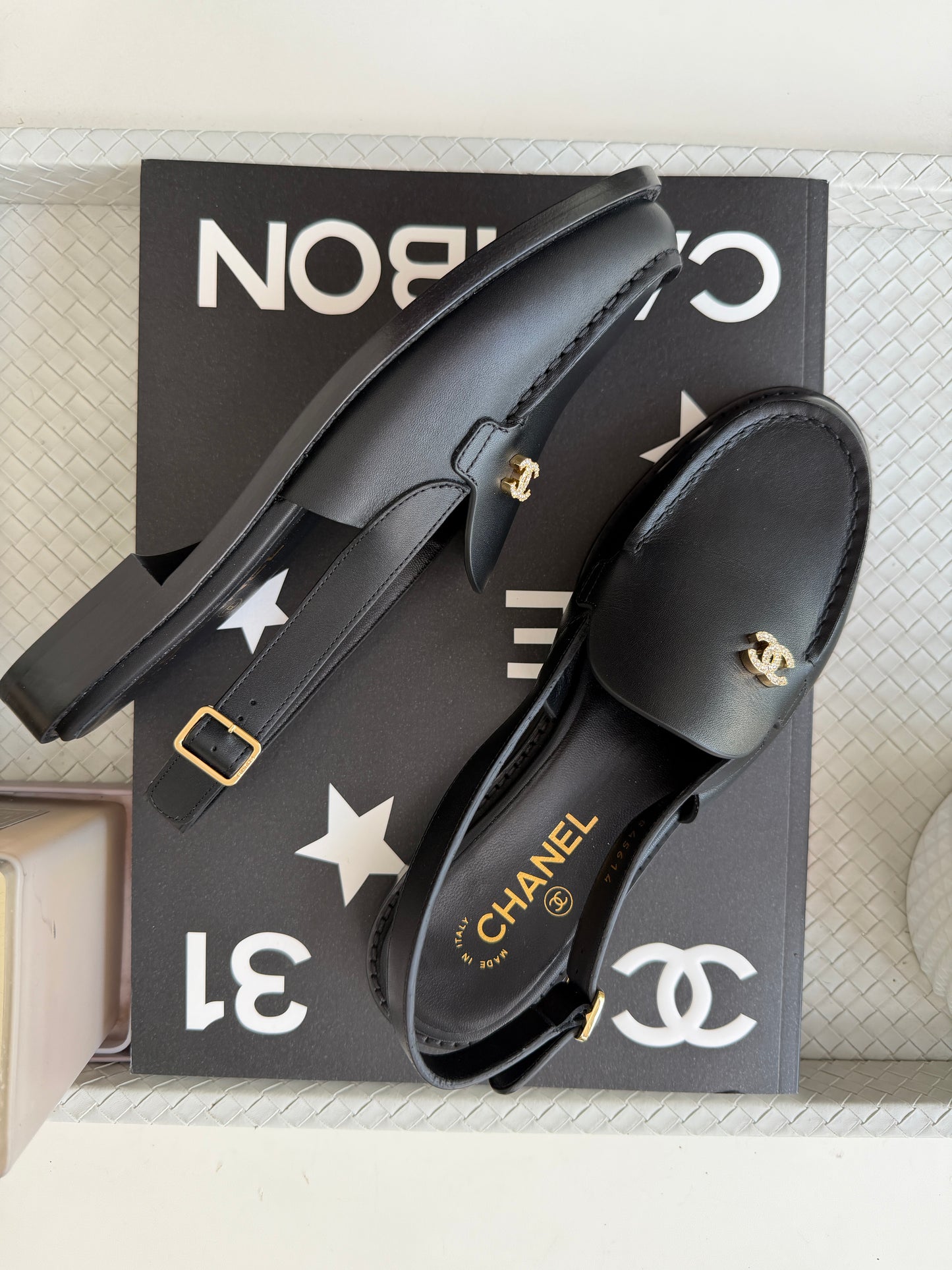 Chanel Metiers D’art 26 Strass CC Logo Black Leather Slingback Loafers Flats
