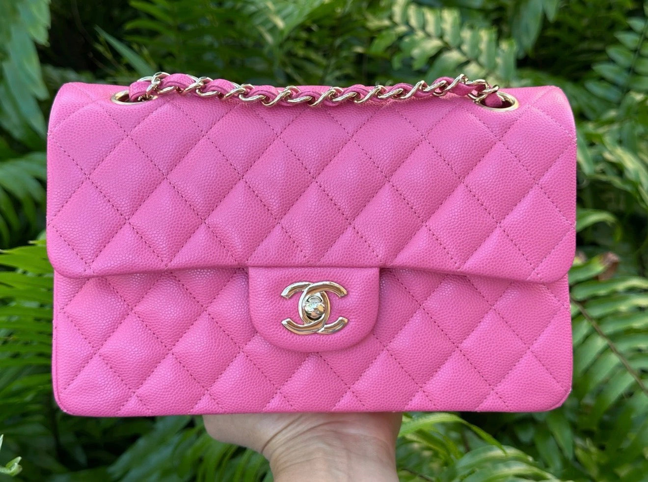 CHANEL PINK CAVIAR LEATHER SMALL CLASSIC DOUBLE FLAP BAG LIGHT GOLD HARDWARE