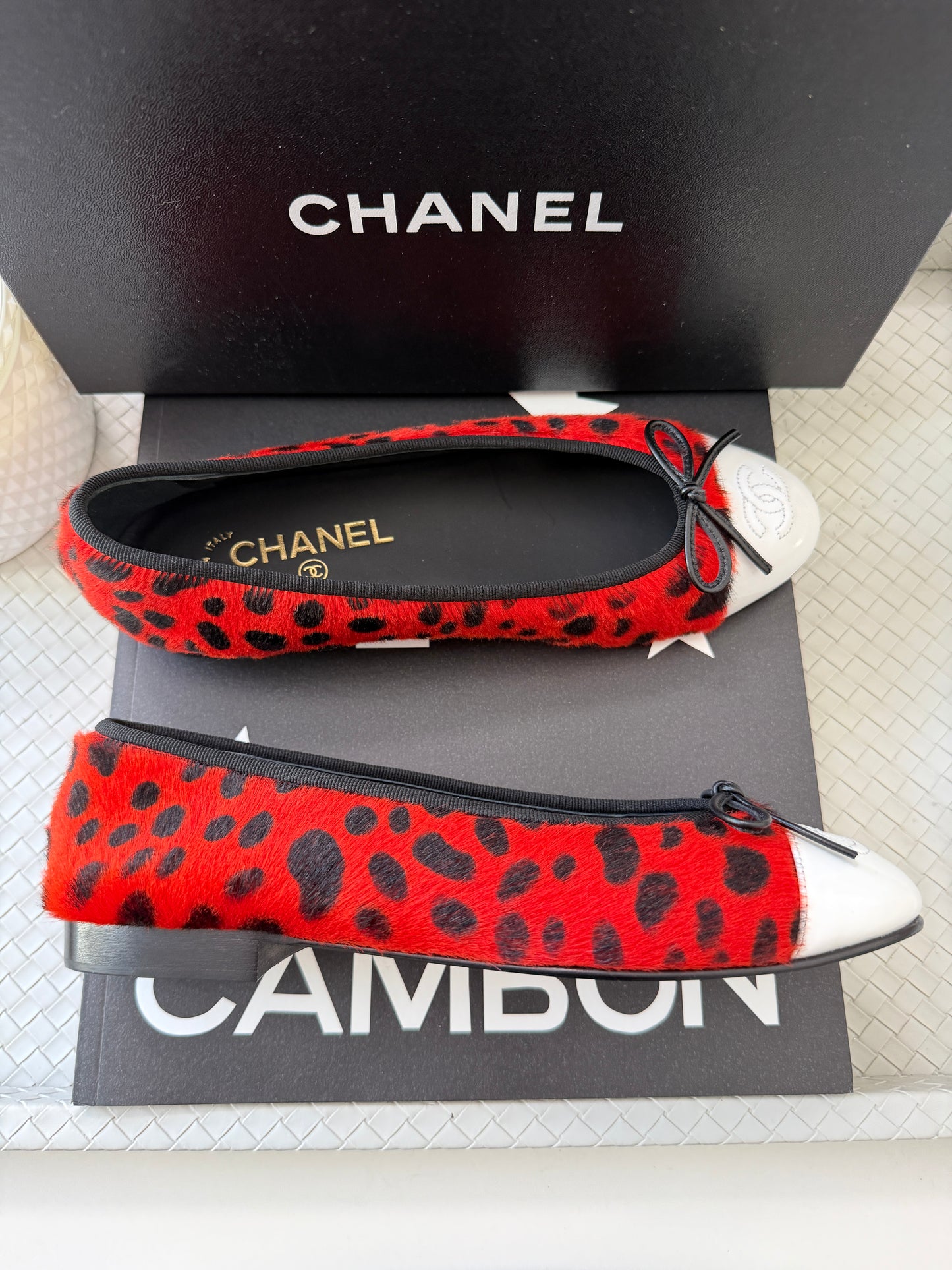 Chanel MÉTIERS D’ART 26 Red Orange Black White Pony Hair Animal Print Ballet Flats