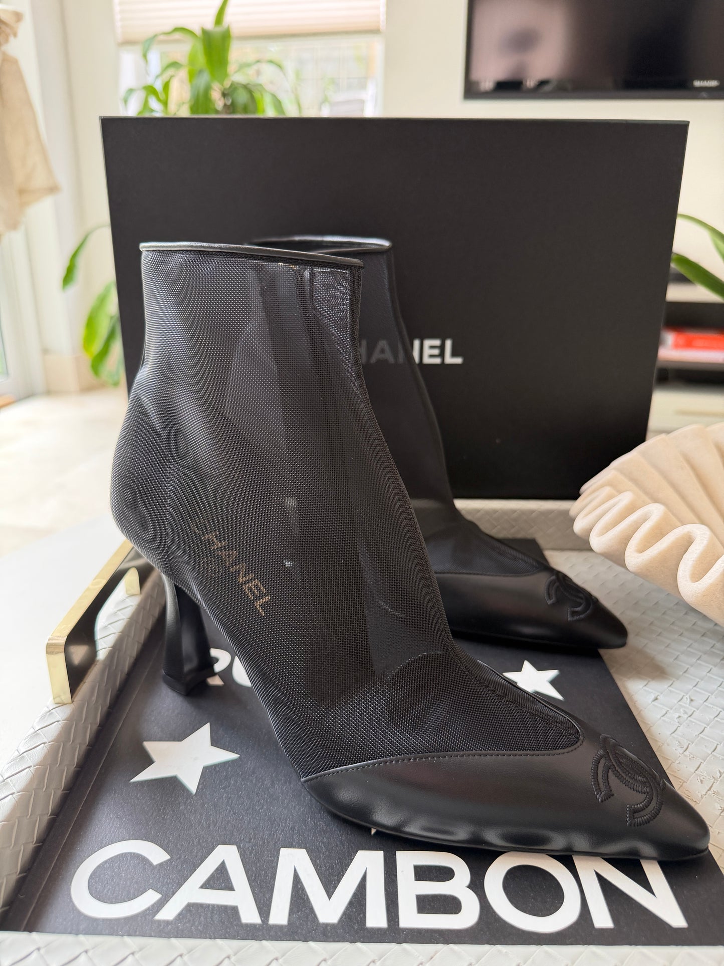 Chanel 26B Black Mesh Lambskin Leather CC Logo Cap Toe Booties Ankle Boots