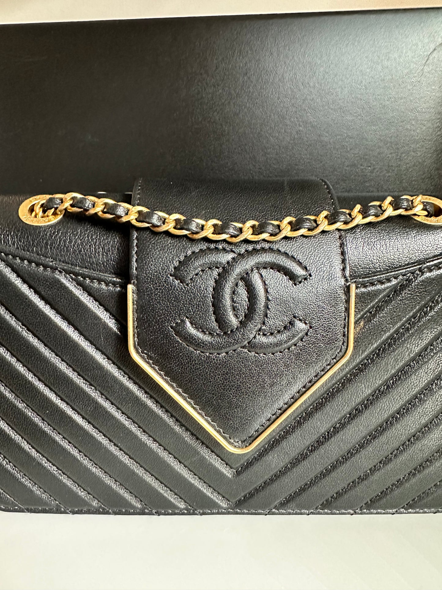 Chanel Collar and Tie Flap Bag Chevron Sheepskin Mini Gold Metal Black Handbag Pre-Owned