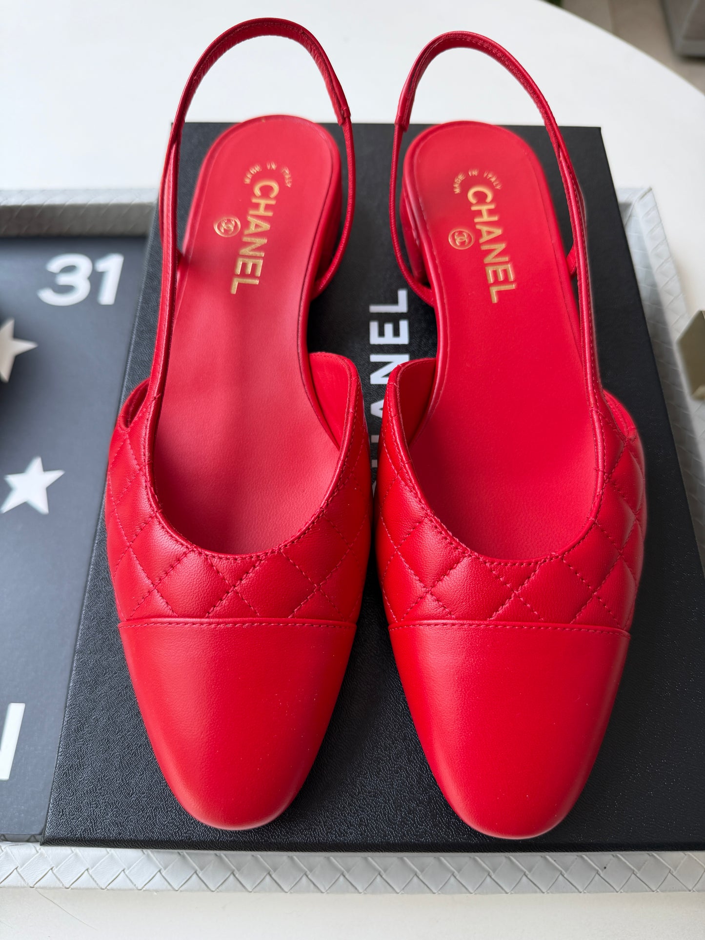 Chanel 26B Red Agneau Rouge Quilted Lambskin Leather Slingback Sling CC Flats
