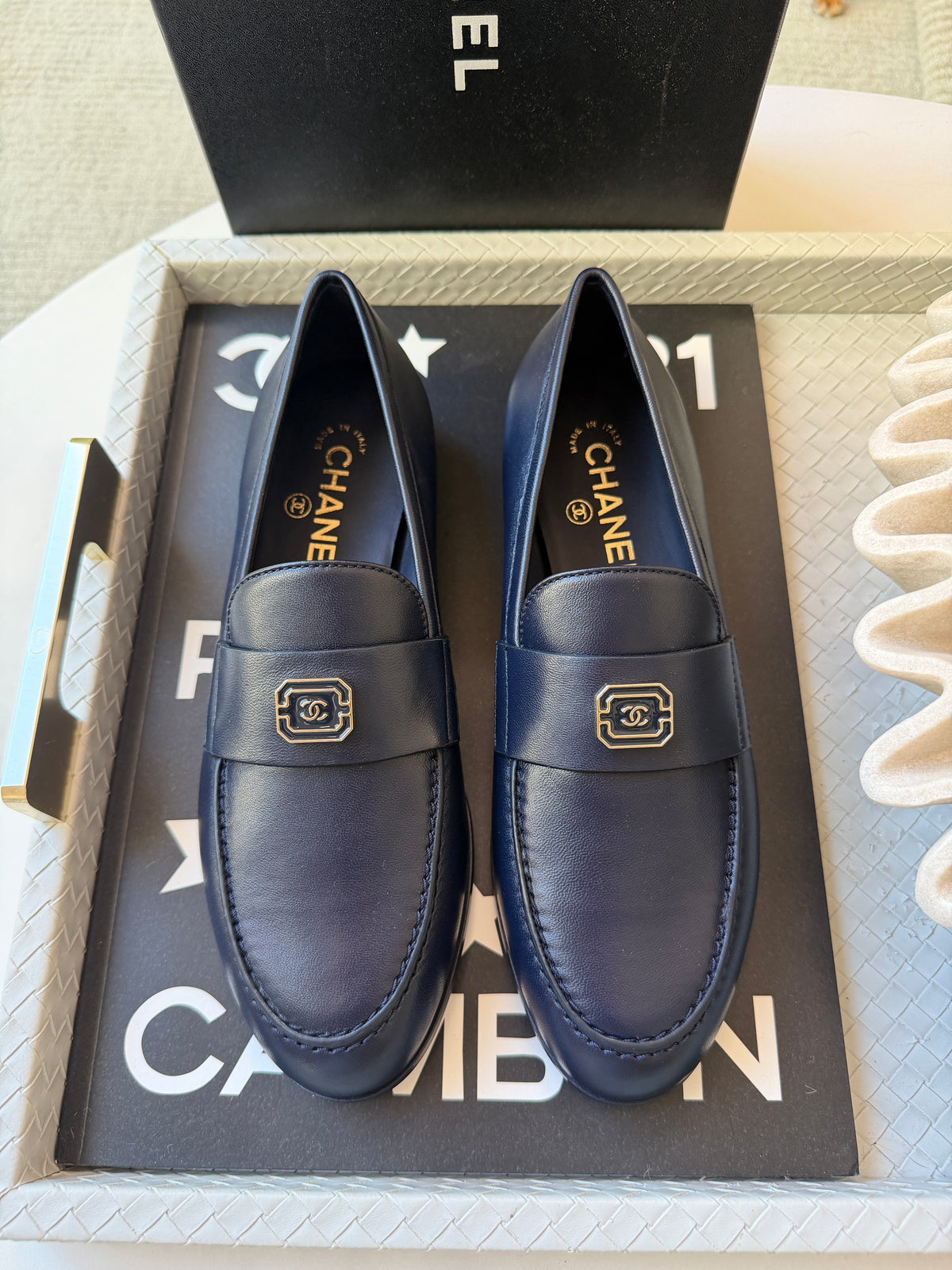 Chanel 2024 Classic Lambskin Leather Navy Blue Enamel CC Logo Moccasins Loafers Flats Shoes