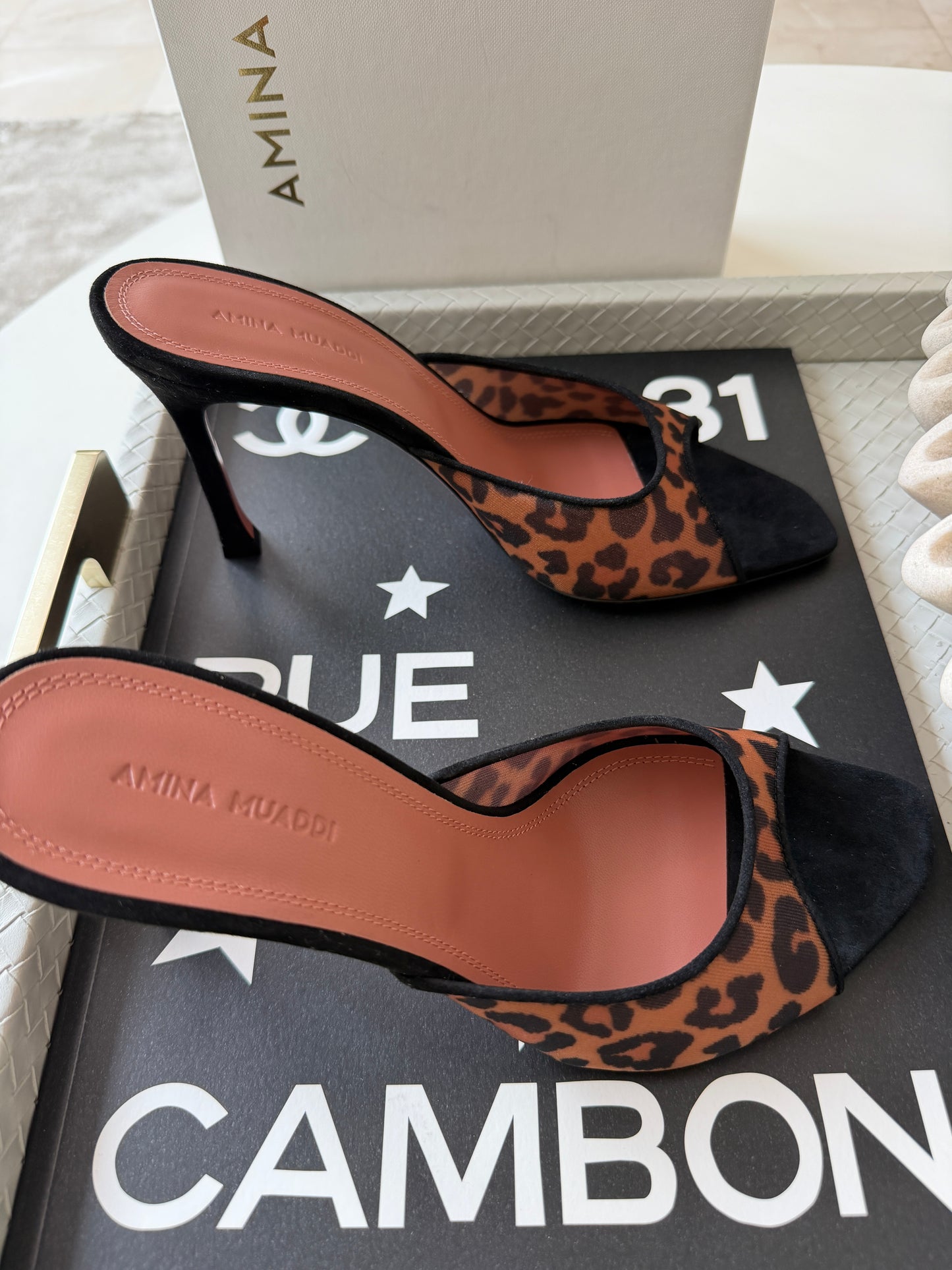 Amina Muaddi 95mm Alexa Black/Brown Leopard Print Mesh Mules Pumps Slides Animal Print Nylon Mule