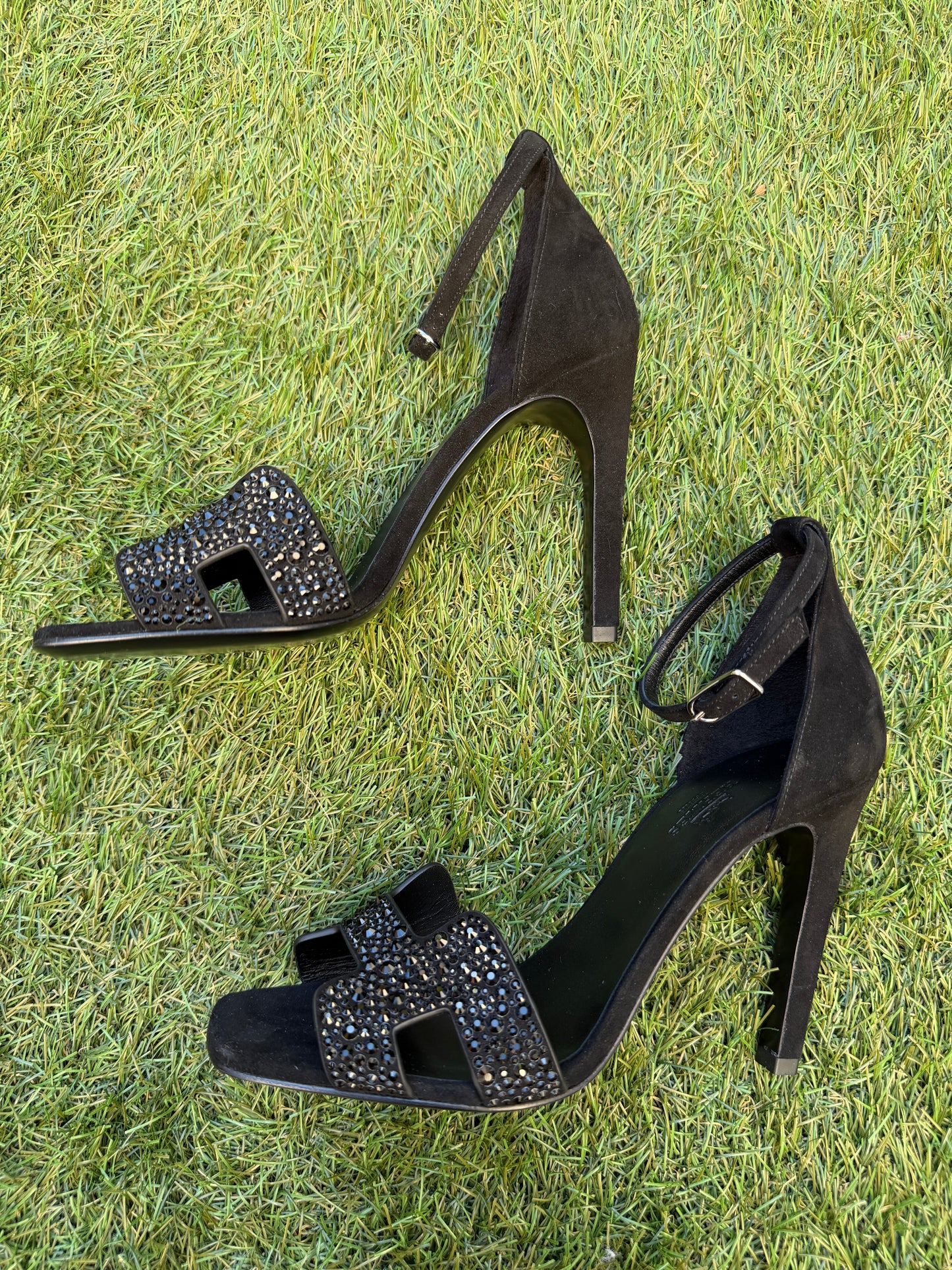 Hermes Joy 105 Noir Black Suede Crystal Strass Ankle Strap Sandal Heels