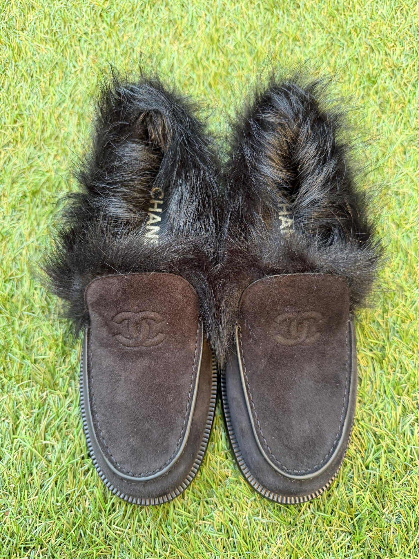 CHANEL COCO NEIGE 25/26 BLACK SUEDE LEATHER FUR SHEARLING LOAFERS MOCCASSINS
