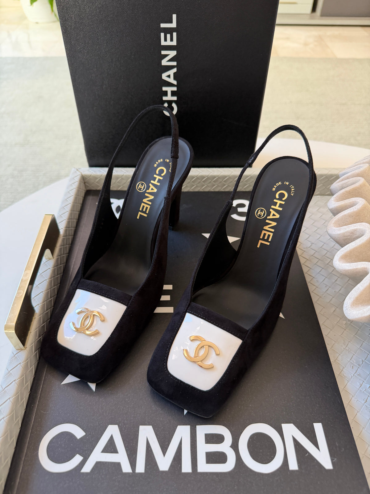 Chanel 26K Blazy Black Suede White Square Toe CC Slingback Sling Heel Pumps Heels