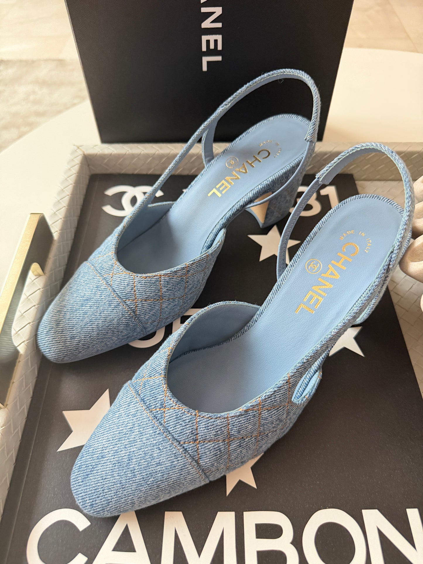 Chanel 26B CC Logo Light Blue Quilted Denim Jean Slingback Pumps Chunky Heel