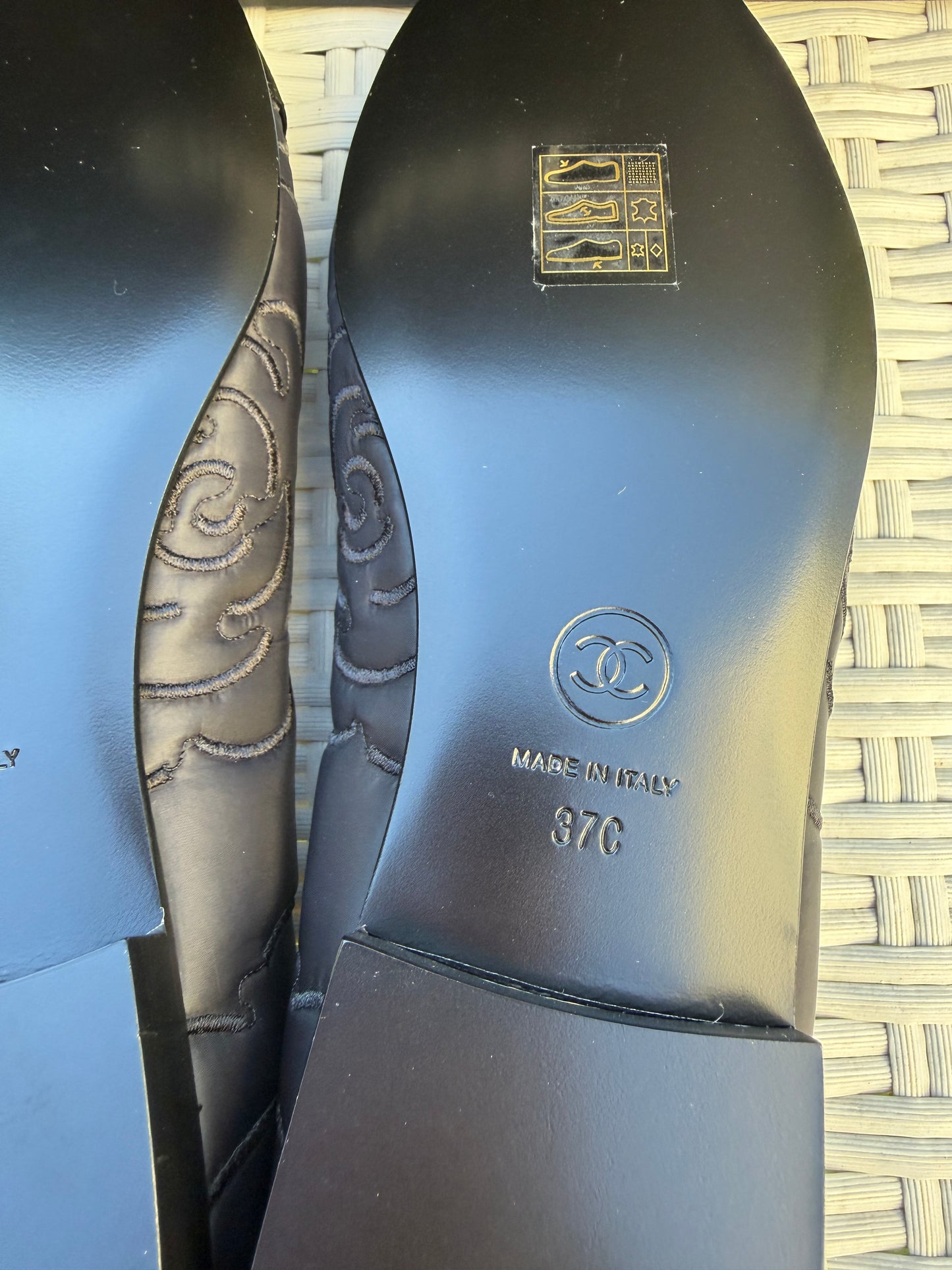 CHANEL CC LOGO CAMELLIA EMBOSSED BLACK NYLON BALLET BALLERINA FLATS CAP TOE