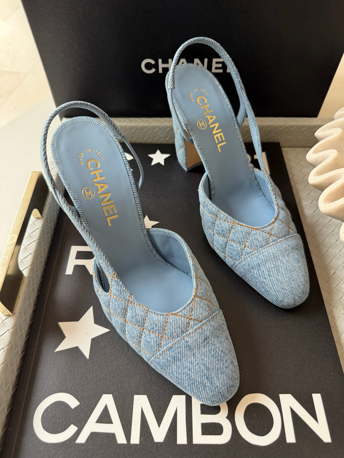 Chanel 26B CC Logo Light Blue Quilted Denim Jean Slingback Pumps Chunky 90mm Heel