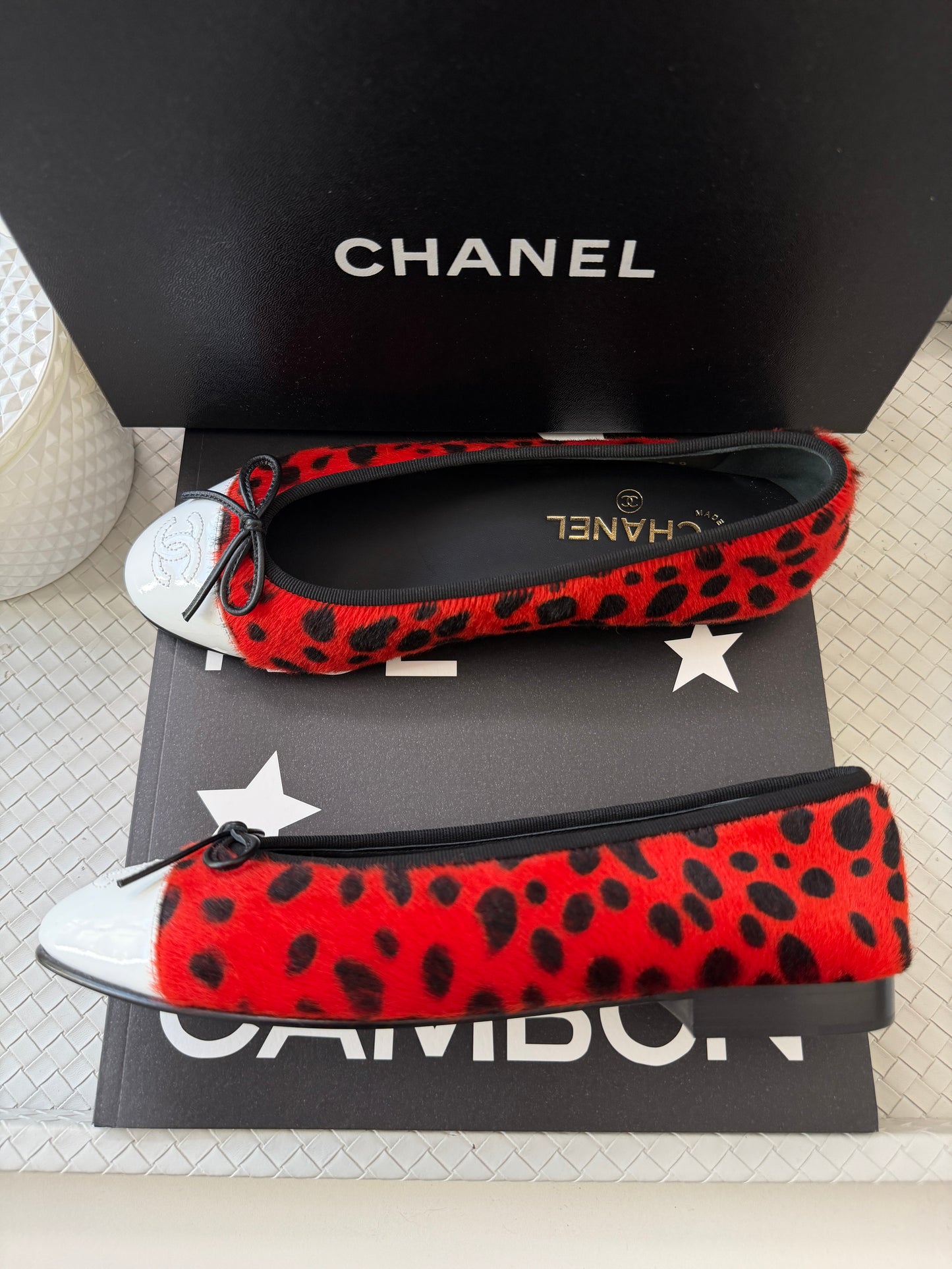 Chanel MÉTIERS D’ART 26 Red Orange Black White Pony Hair Animal Print Ballet Flats