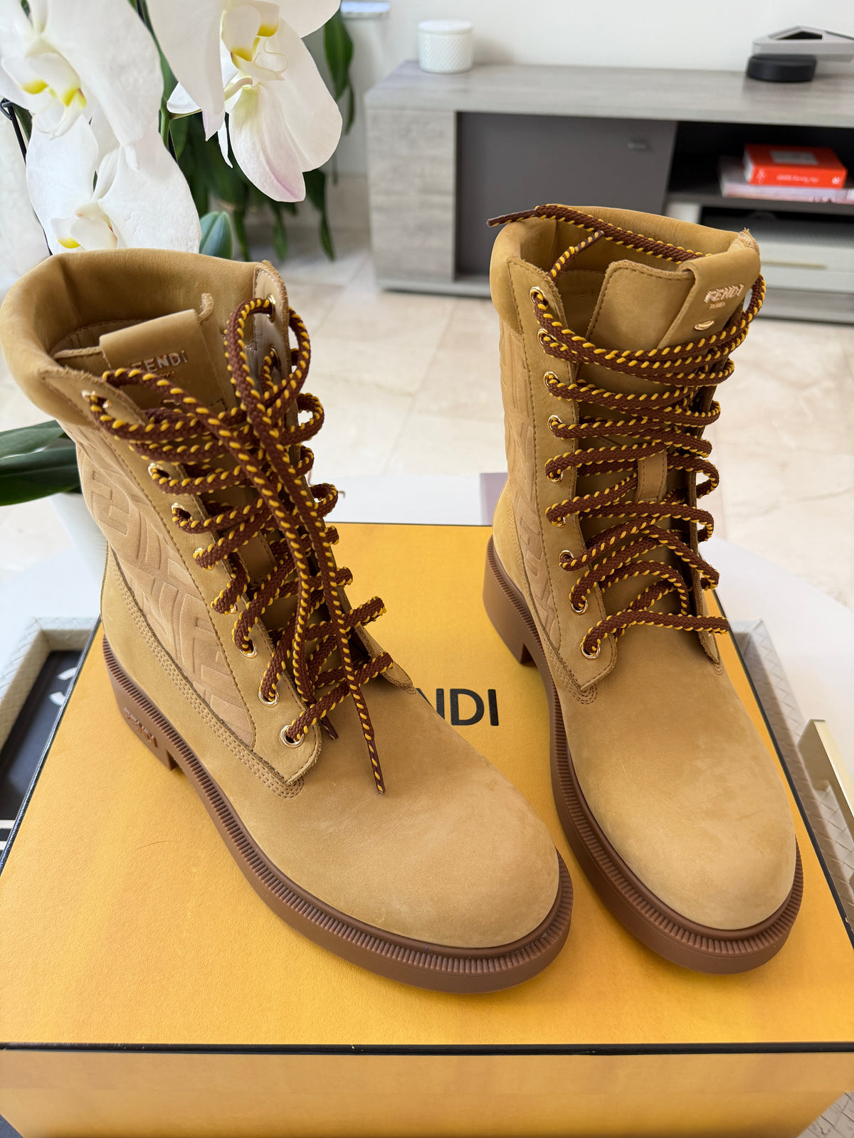 Fendi Filo Beige Nubuck FF Embossed Logo Lace Up Tie Combat Ankle Biker Boots
