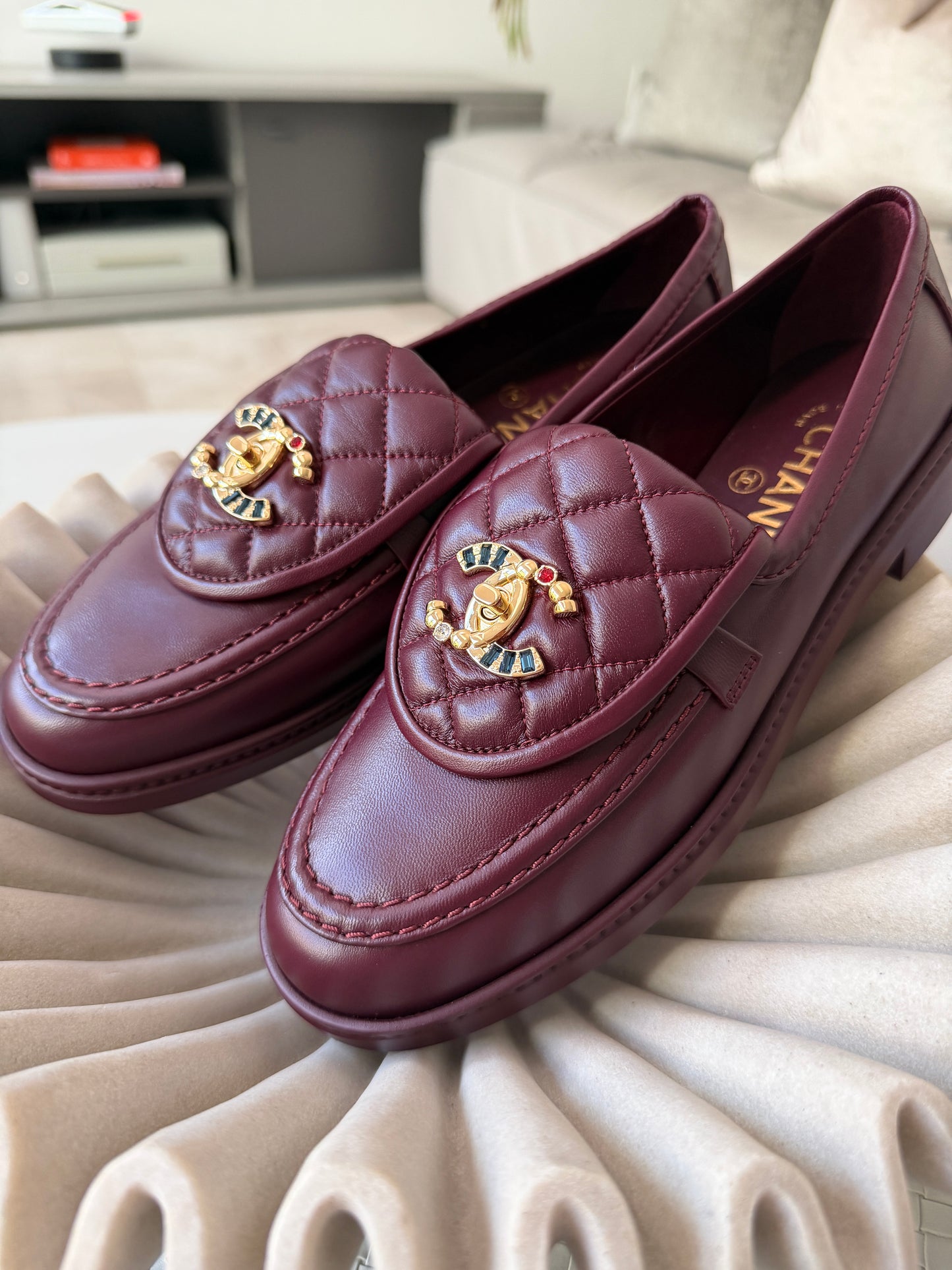 CHANEL BURGUNDY LEATHER LOAFERS OXFORD SHOES GOLD STRASS GEMS CC TURNLOCK MOCCASINS