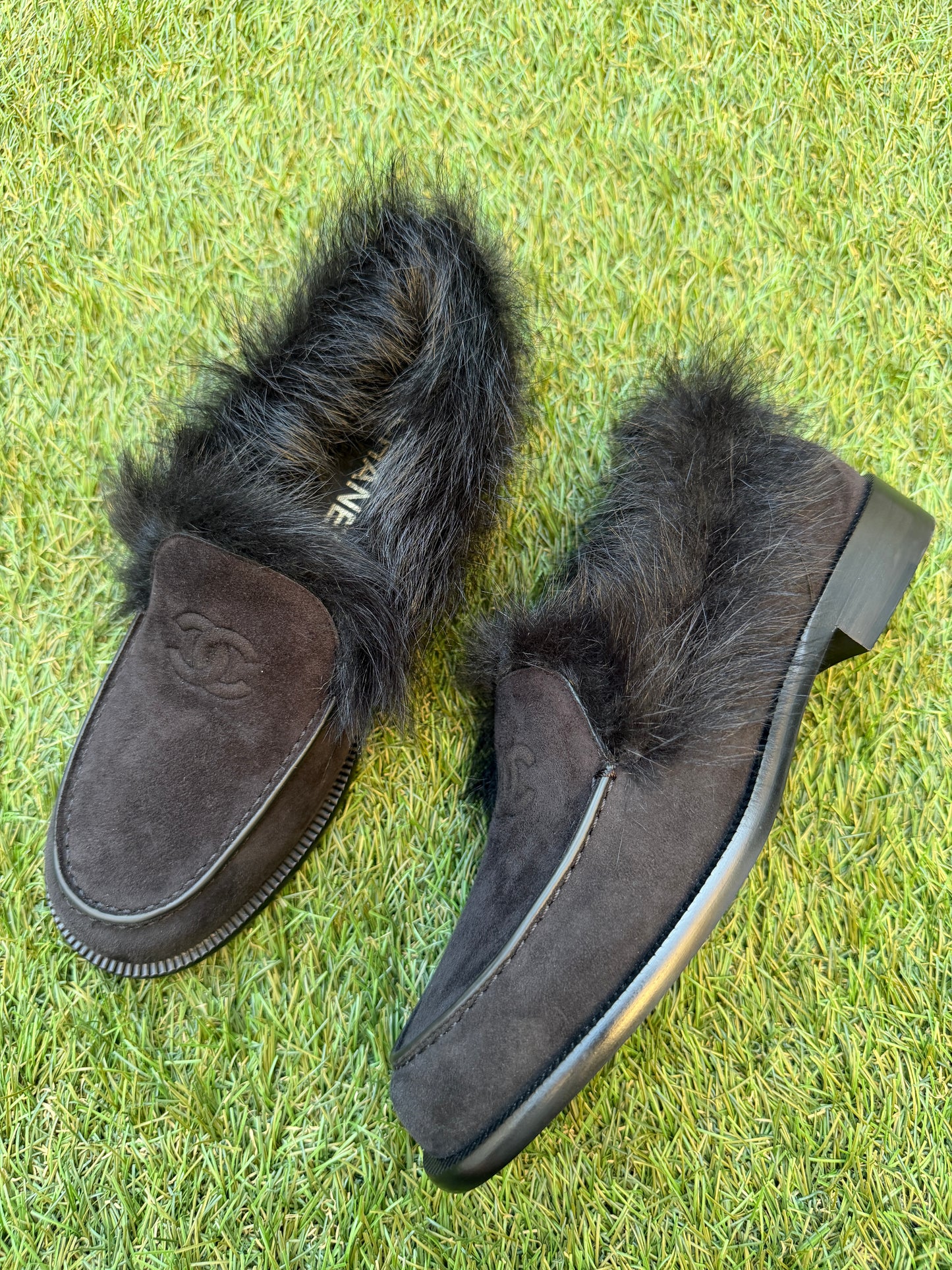 CHANEL COCO NEIGE 25/26 BLACK SUEDE LEATHER FUR SHEARLING LOAFERS MOCCASSINS