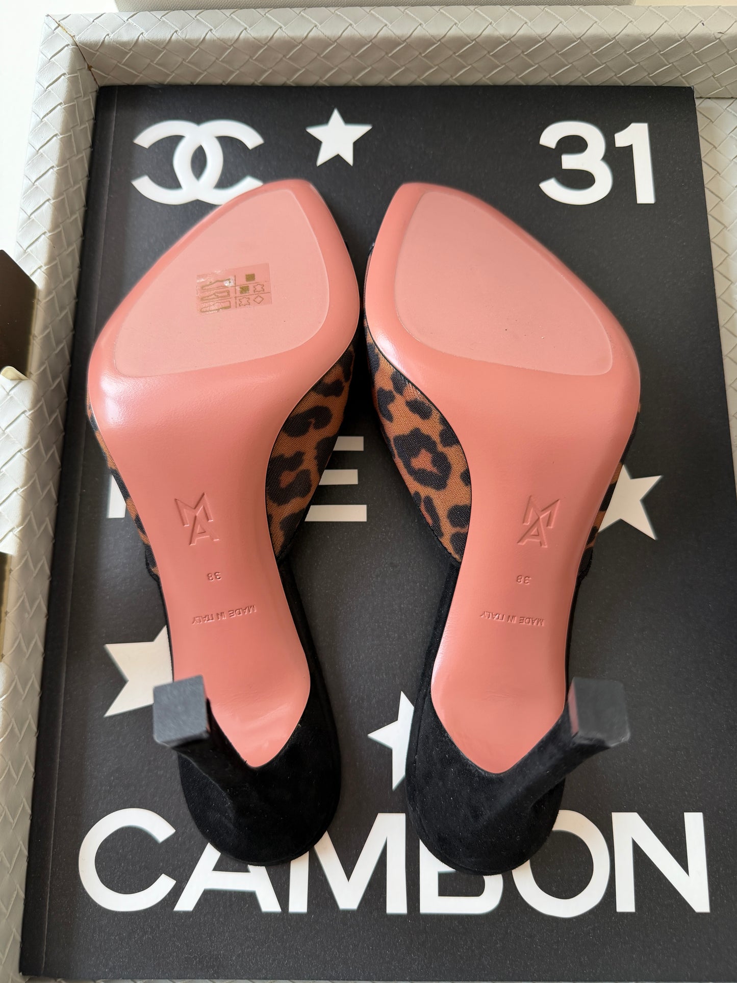 Amina Muaddi 95mm Alexa Black/Brown Leopard Print Mesh Mules Pumps Slides Animal Print Nylon Mule