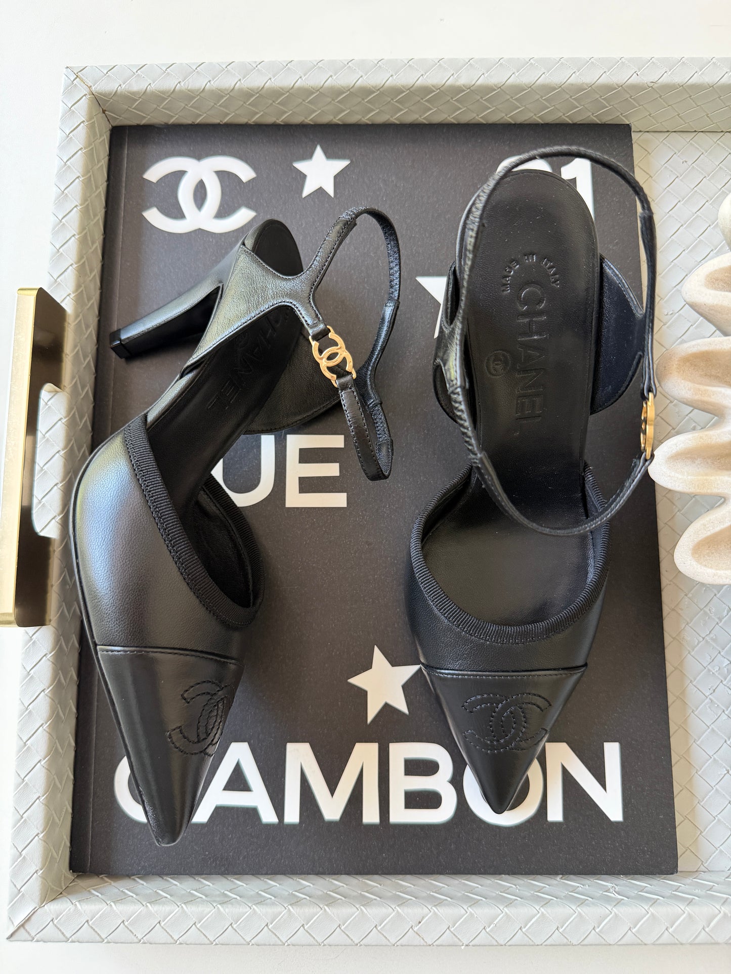 CHANEL SS 2026 BLAZY BLACK CAP POINTED TOE LEATHER CC LOGO HEELS SHOES PUMPS SLINGBACKS