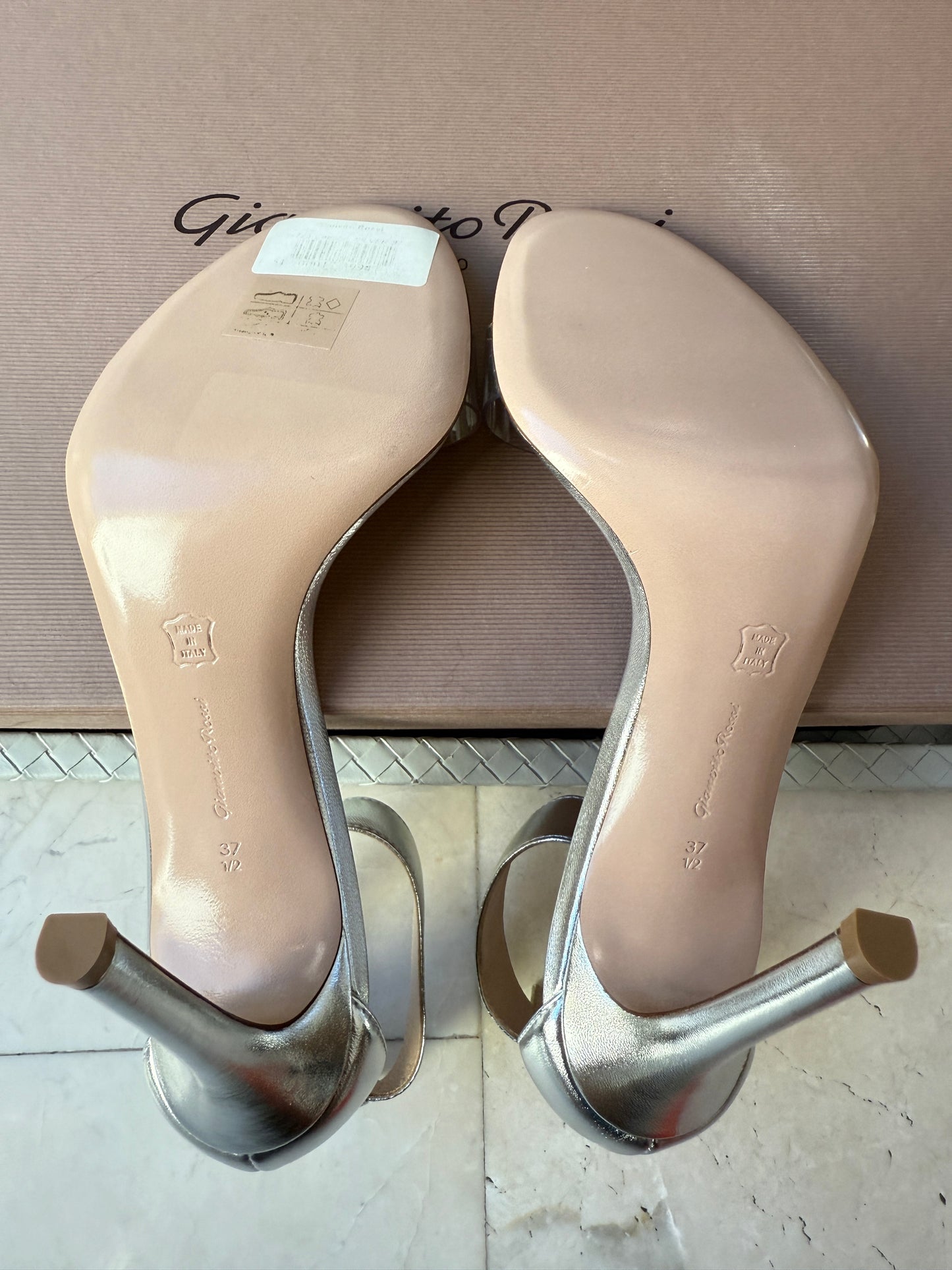Gianvito Rossi Portofino 105 Silver Metallic Leather Ankle Strap PVC Sandals Pumps Heels