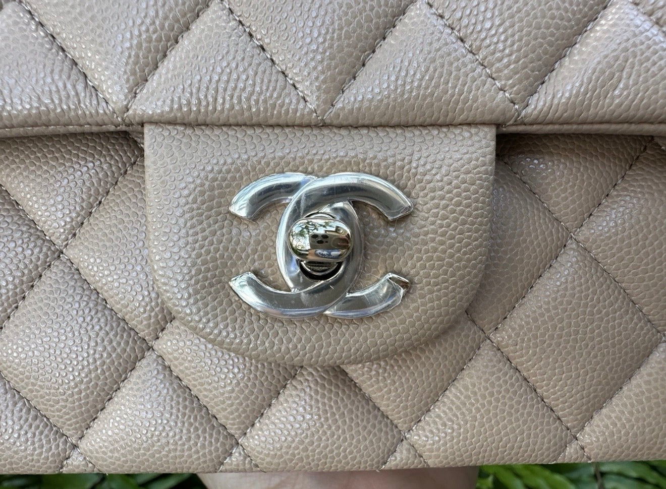 CHANEL DARK BEIGE CAVIAR LEATHER MEDIUM CLASSIC DOUBLE FLAP BAG LIGHT GOLD HARDWARE