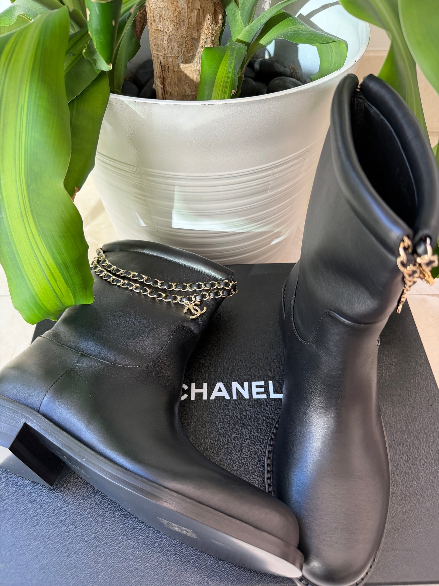 Chanel Calfskin CC Chain Logo Clover Gold Chain Charms Black Leather Boots Ankle Flat Booties