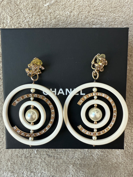 Chanel 18B Ivory White Resin Plastic Disco CC Logo Crystal Gold Tone Pearls Round Clip on Earrings Drop Hoop