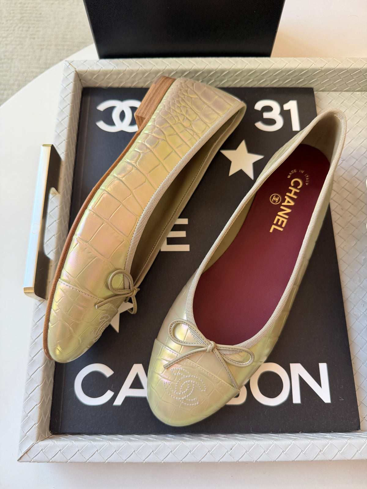 Chanel 26K Yellow Crocodile Croc Embossed Iridescent Cap Toe Ballet Flats