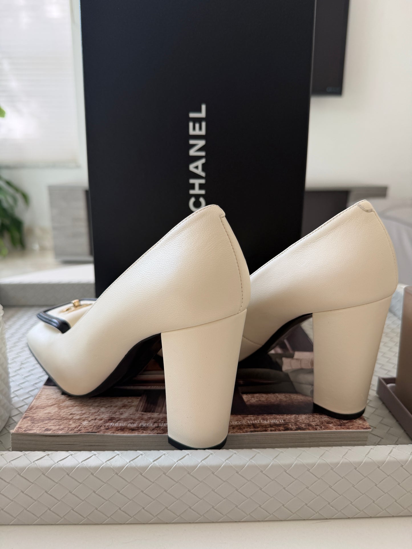 Chanel SS 26 Blazy Ivory Black Lambskin Square Toe CC Logo Turn-lock Pumps Heels