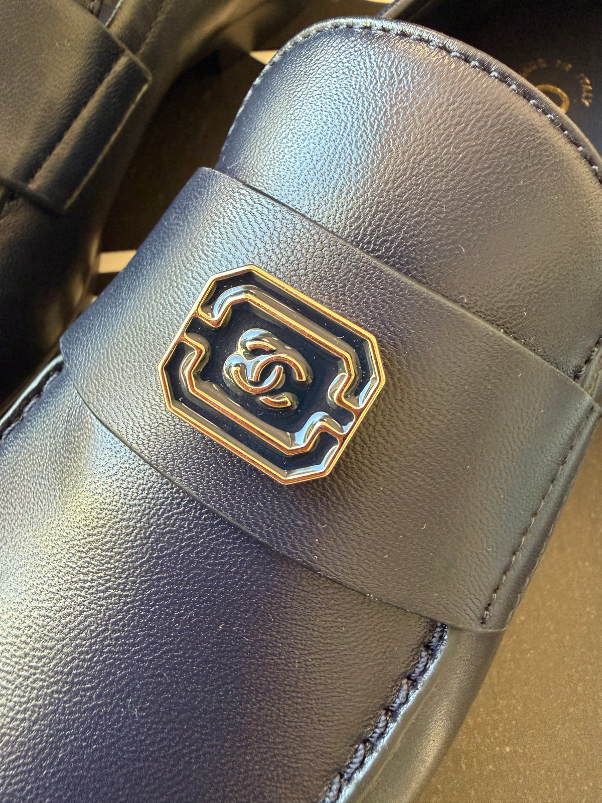 Chanel 2024 Classic Lambskin Leather Navy Blue Enamel CC Logo Moccasins Loafers Flats Shoes