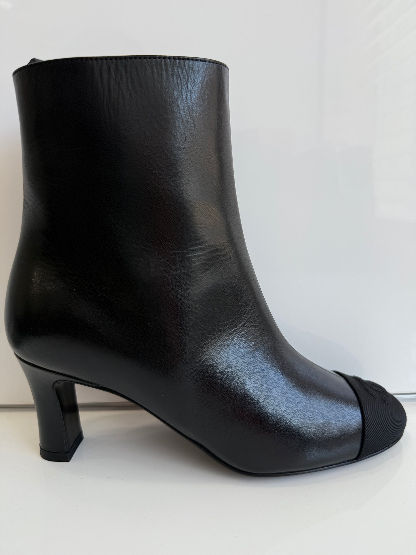 Chanel Black Lambskin Leather CC Logo Cap Toe Booties Ankle Boots Low Heel