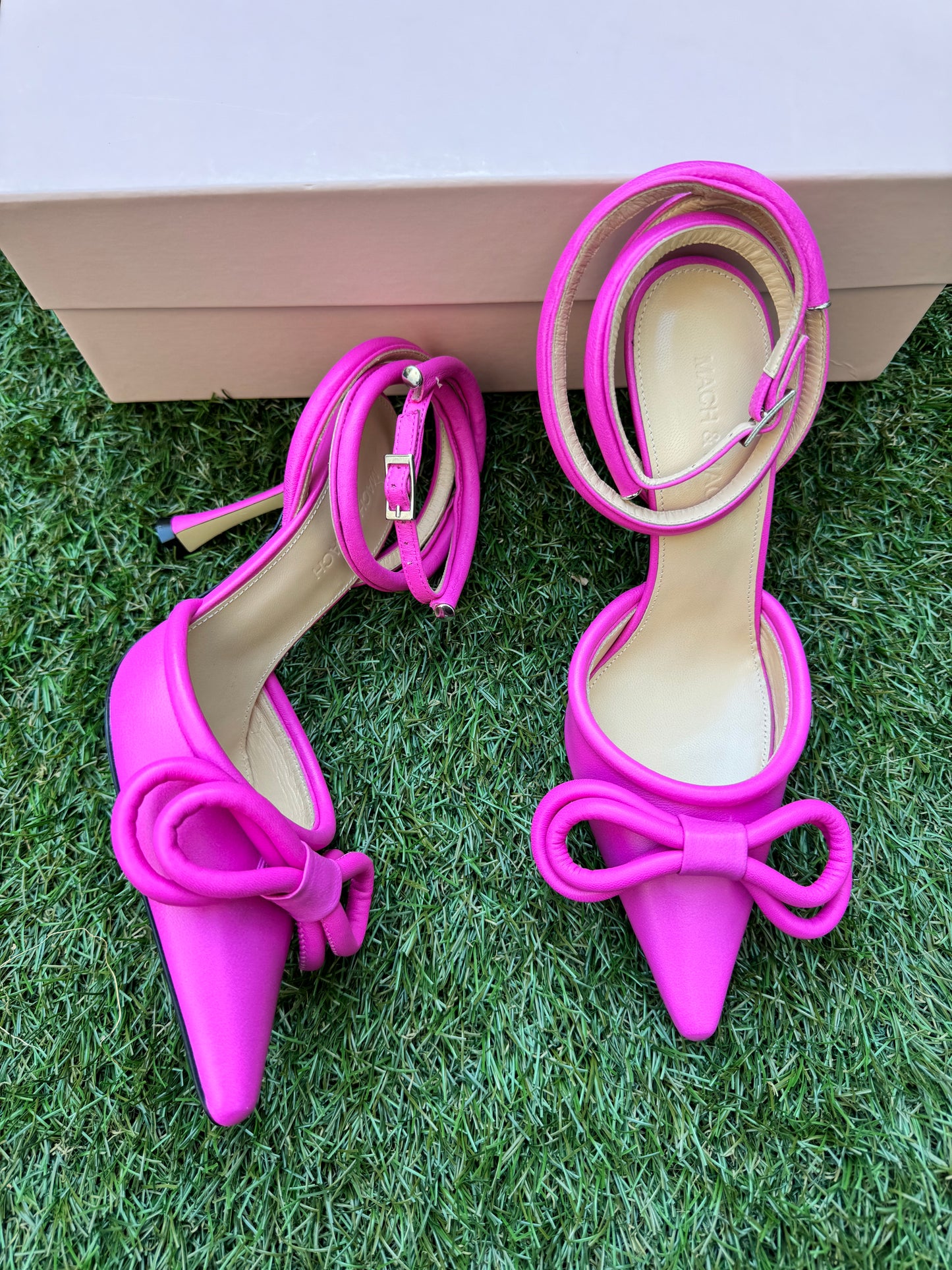 Mach & Mach Double Bow Hot Pink Fuchsia Leather Pointed Toe Ankle Strap Sandals Heels Shoes