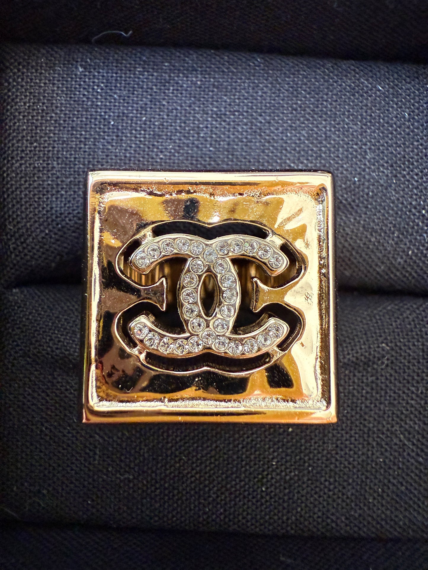 Chanel 22S CC Logo Crystals Strass Crystal Metal Gold Tone Square Ring