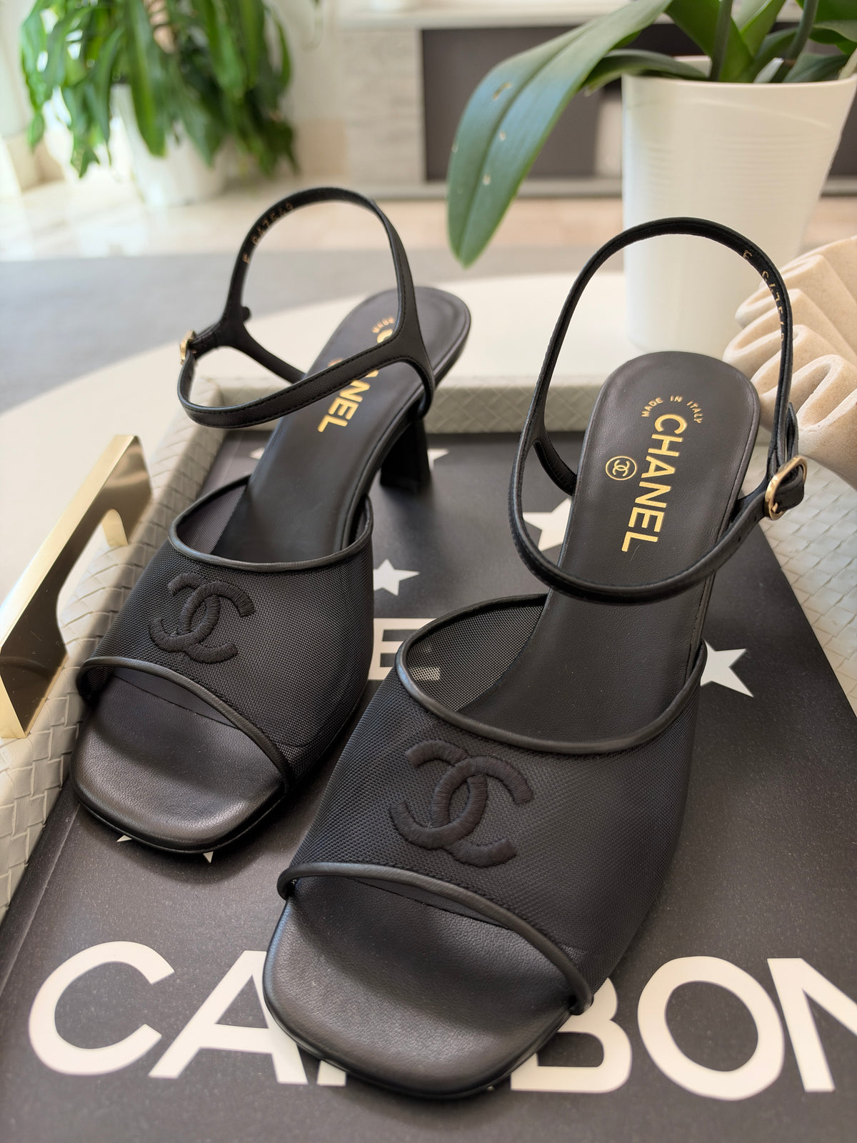CHANEL 26 BLAZY BLACK MESH LAMBSKIN OPEN TOE CC LOGO SANDALS HEELS SHOES