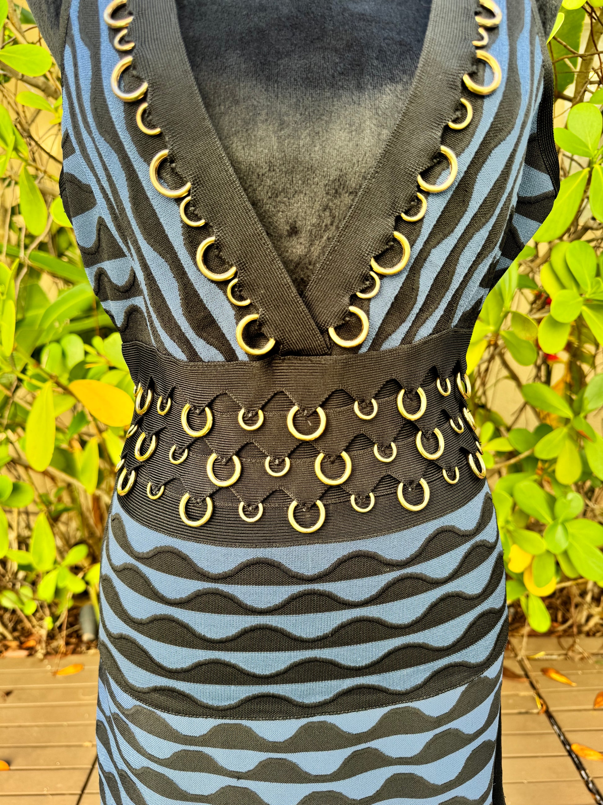 Herve Leger Katrin Ring-Embellished Jacquard-Knit Bandage Dress Black Blue Herve Leger Katrin Ring-Embellished Jacquard-Knit Bandage Dress Black Blue