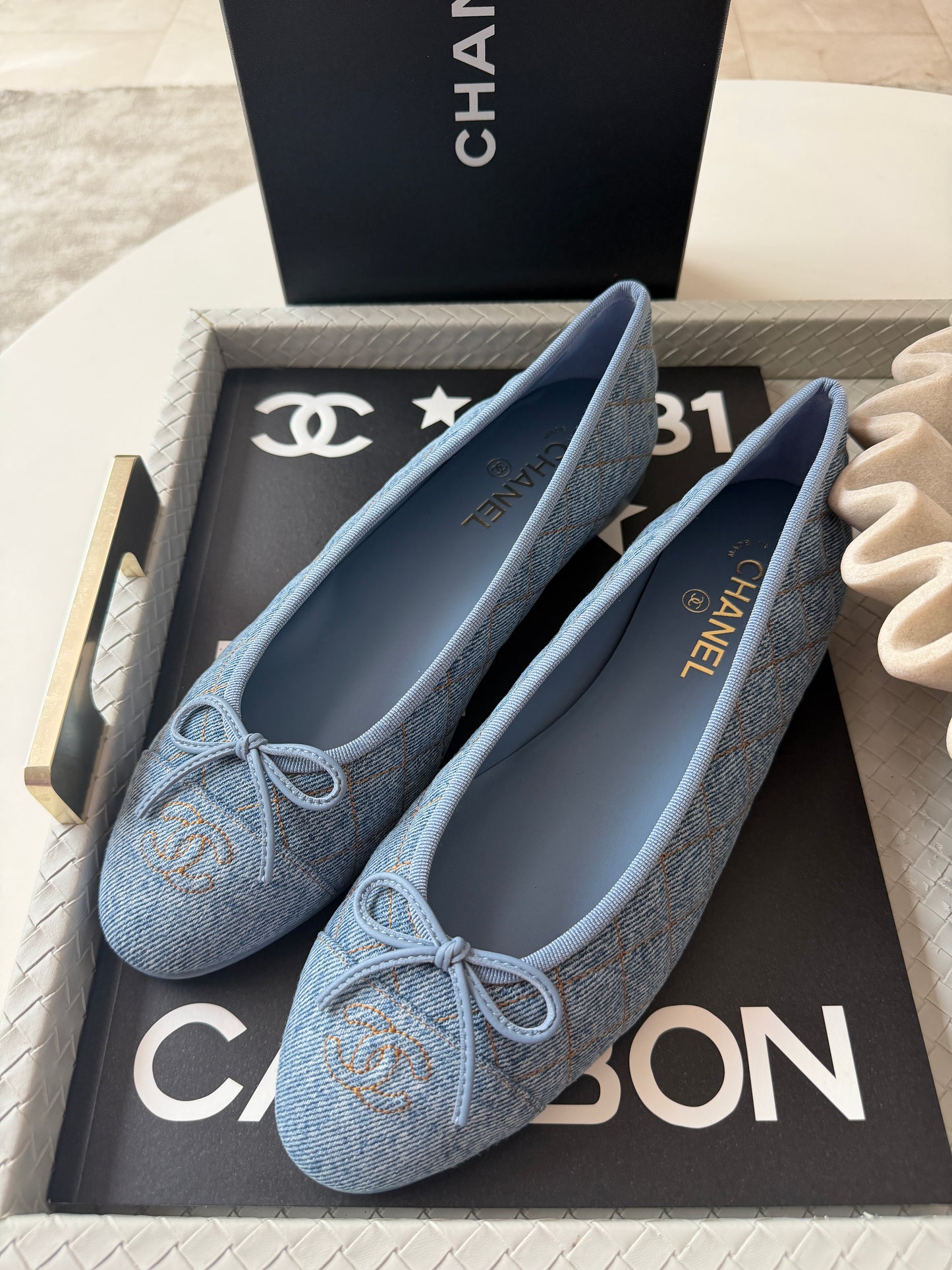 Chanel 26B Blazy Quilted Denim CC Logo Ballet Flats Light Blue Jean Ballerina