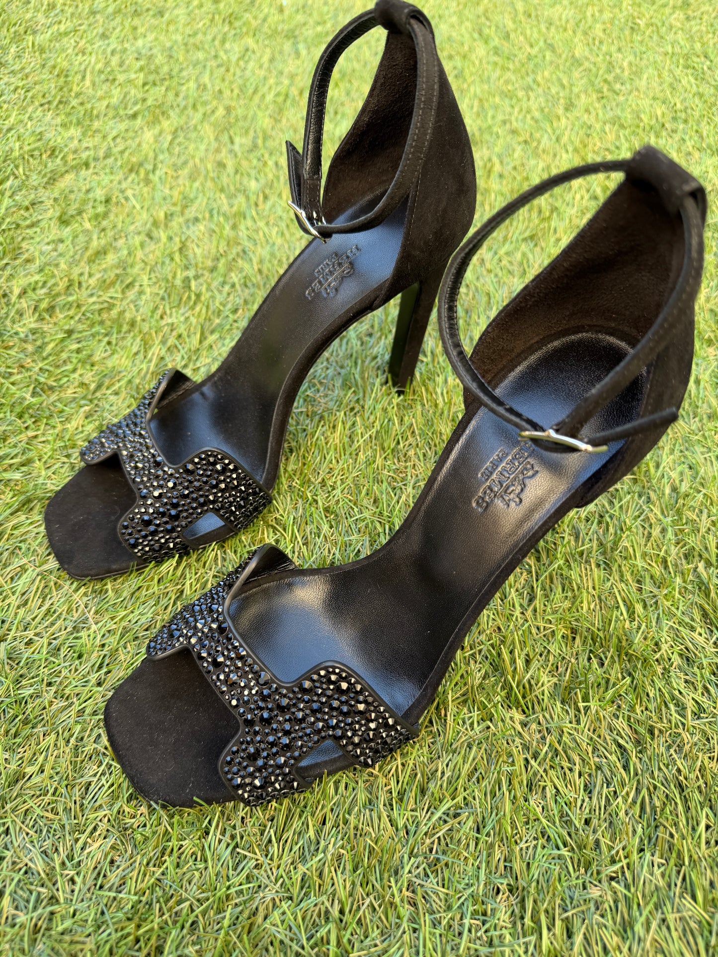 Hermes Joy 105 Noir Black Suede Crystal Strass Ankle Strap Sandal Heels