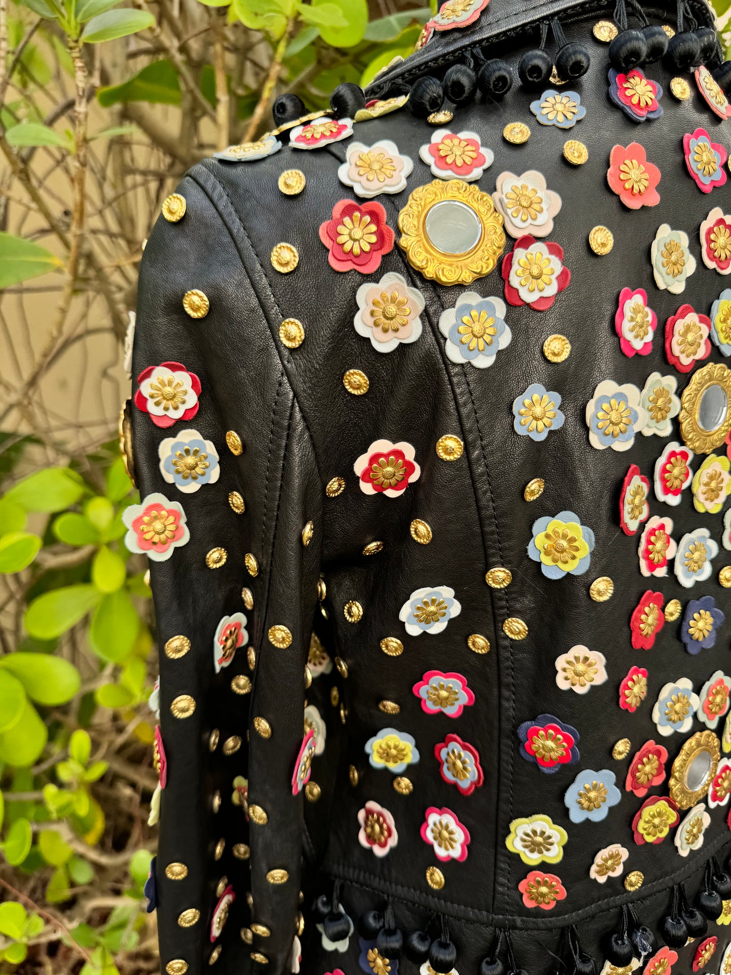 Moschino Spring 2010 Biker Black Leather Jacket Grommet Flowers Appliqué pre-owned