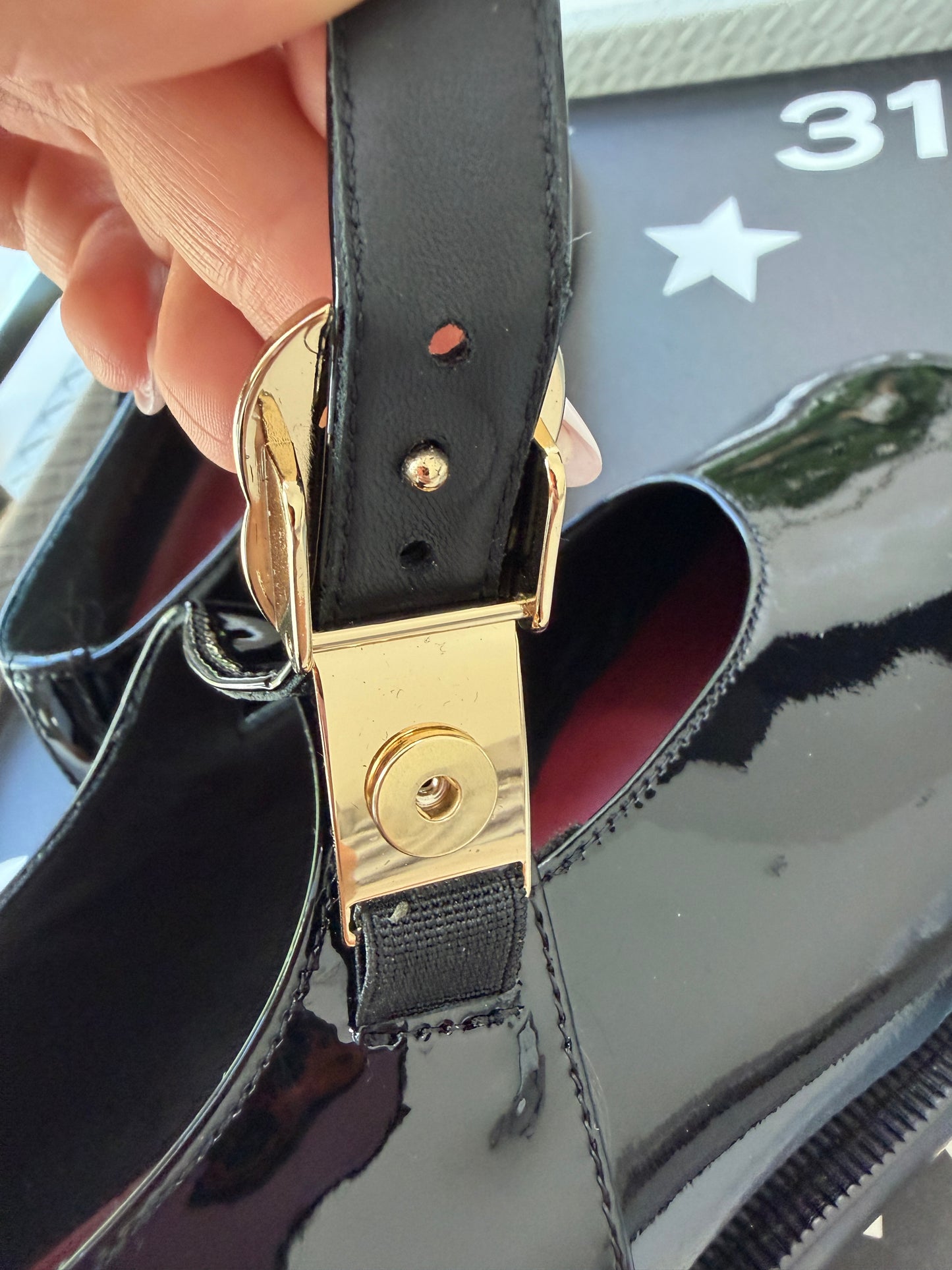 CHANEL 26B BLACK PATENT LEATHER MARYJANES GOLD CC LOGO ADJUSTABLE LOCK FLATS