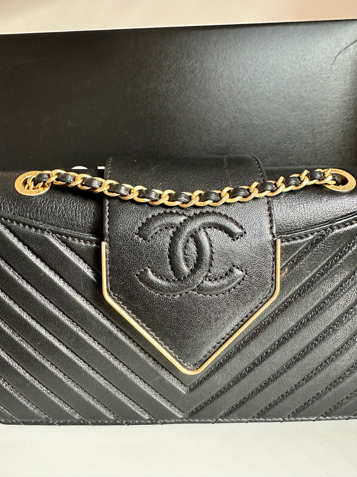 Chanel Collar and Tie Flap Bag Chevron Sheepskin Mini Gold Metal Black Handbag Pre-Owned