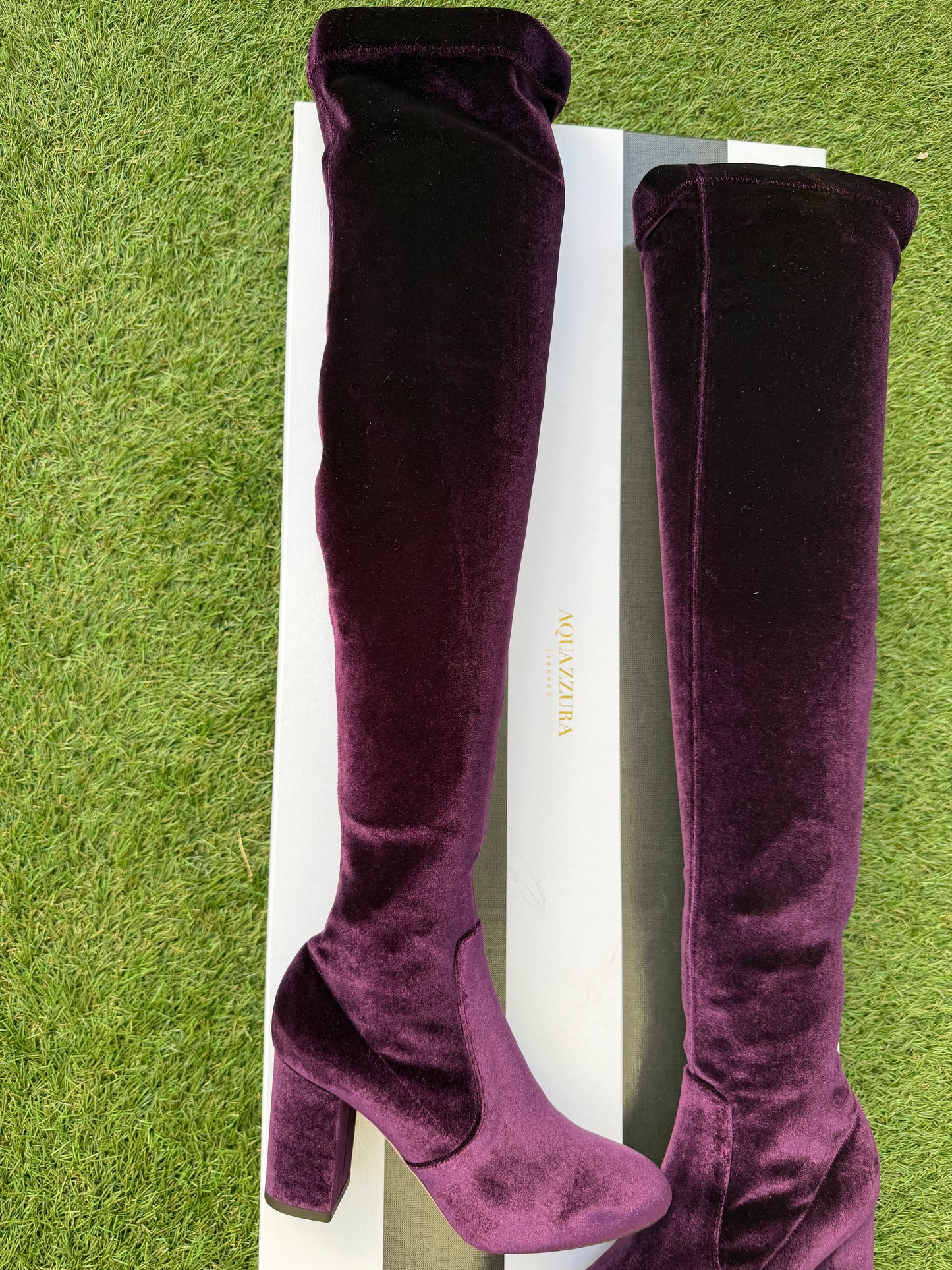 AQUAZZURA VELVET 85 THIGH HIGH  PURPLE SO ME ZIP OVER KNEE BOOT BOOTS