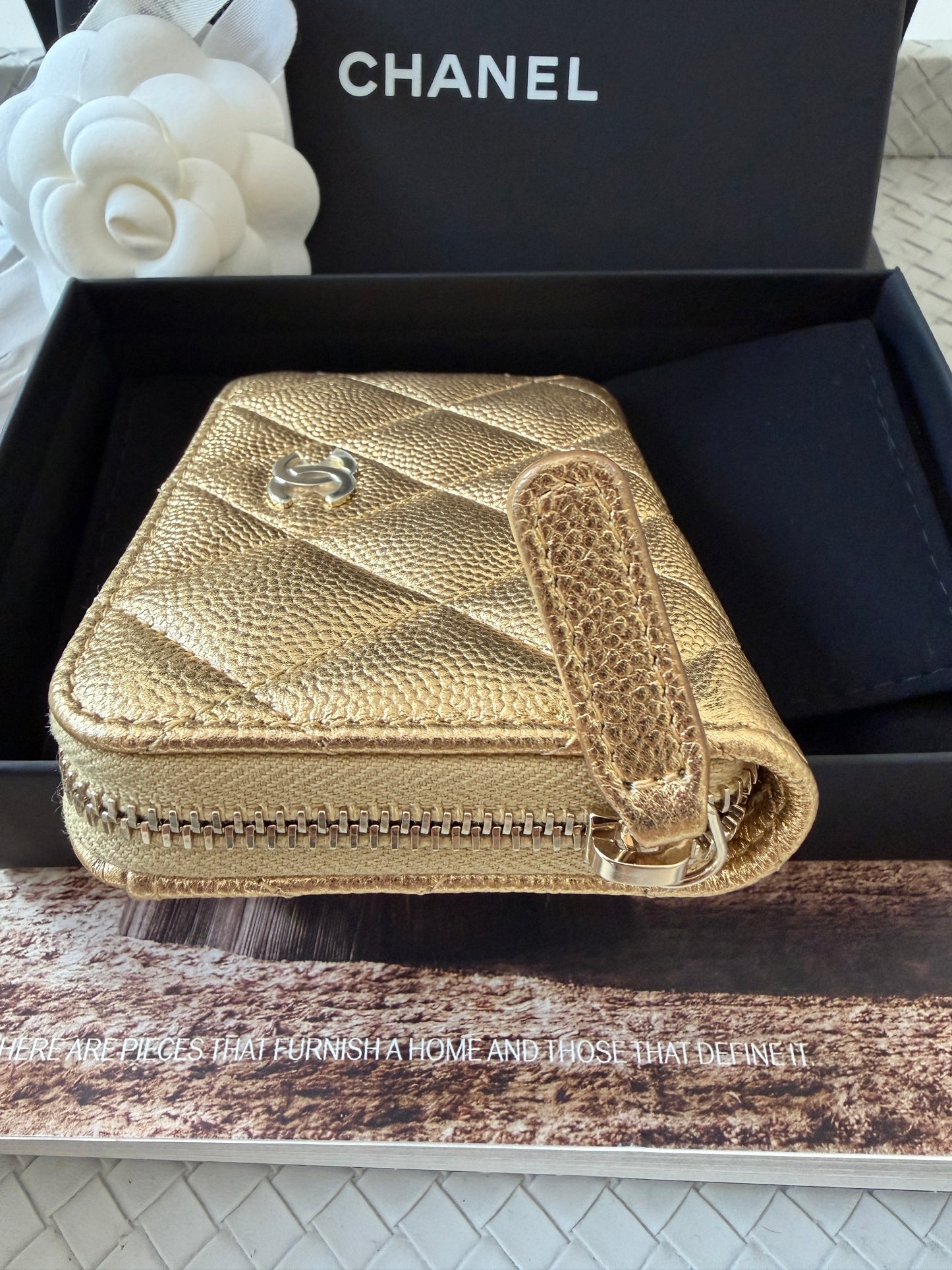 Chanel 26 Classic Zipped Zip Coin Purse Caviar Leather Gold Dore Metallic Wallet