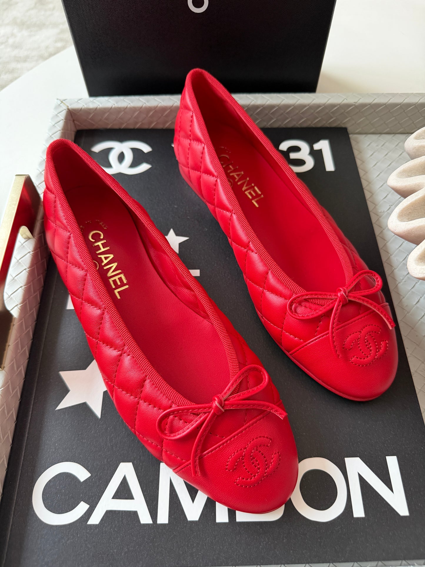 Chanel 26B Blazy Lambskin Leather Quilted Red Agneau Rouge CC Logo Ballet Ballerina Flats