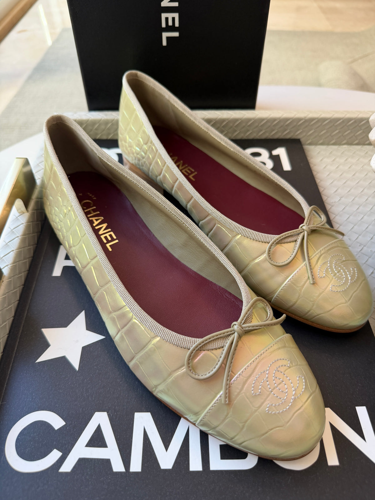 Chanel 26K Yellow Crocodile Croc Embossed Iridescent Cap Toe Ballet Flats