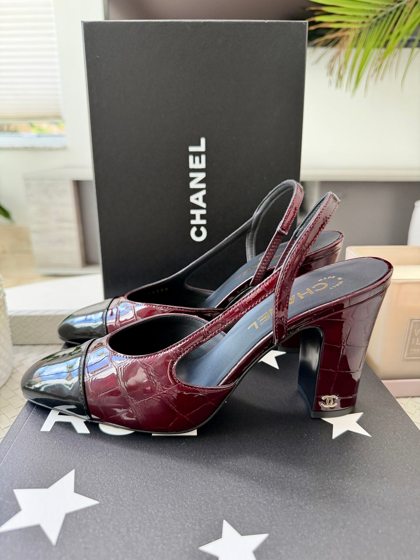Chanel 26A Coco Sling Burgundy Bordeaux Fonce Croc Embossed Patent Leather Slingback Metiers Dart Pumps Heels