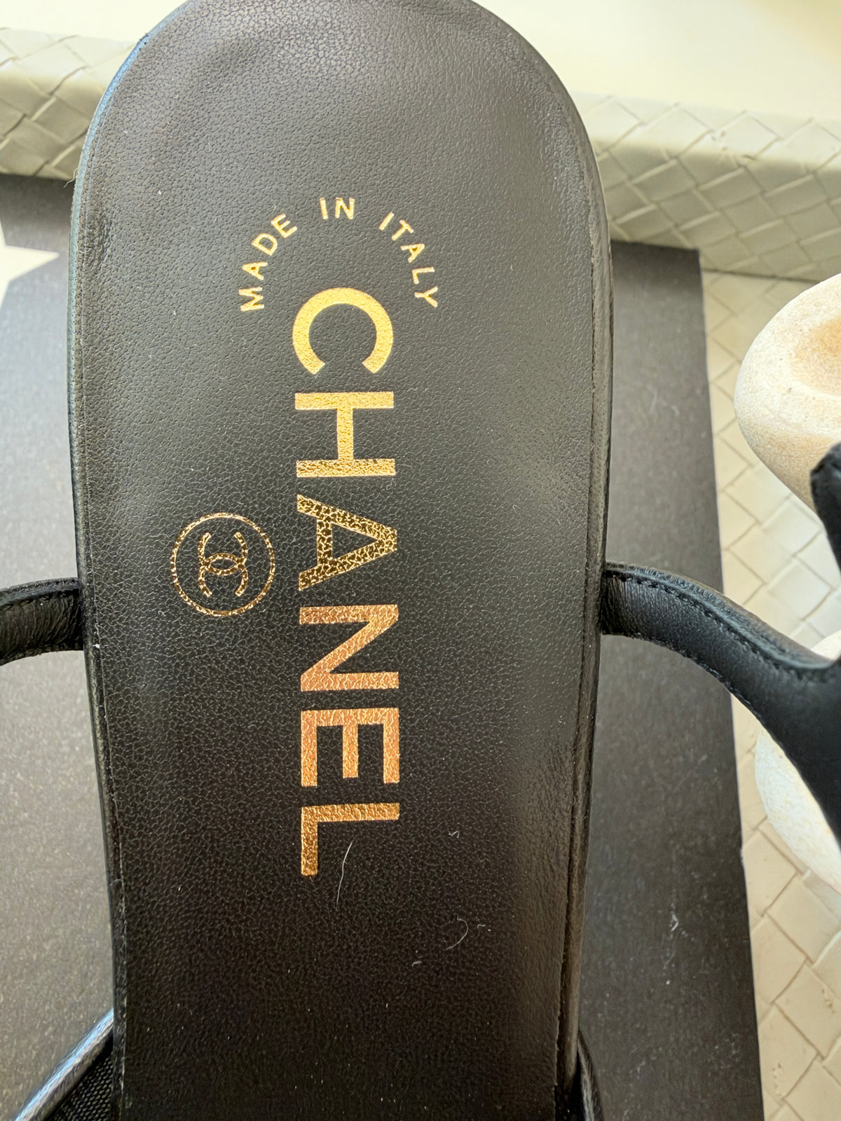 CHANEL 26 BLAZY BLACK MESH LAMBSKIN OPEN TOE CC LOGO SANDALS HEELS SHOES