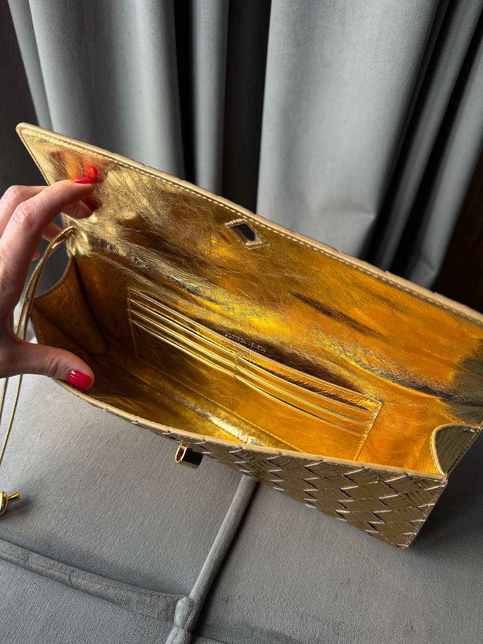 Bottega Veneta Andiamo Gold Metallic Bark Calfskin Top Handle Clutch Handbag Purse