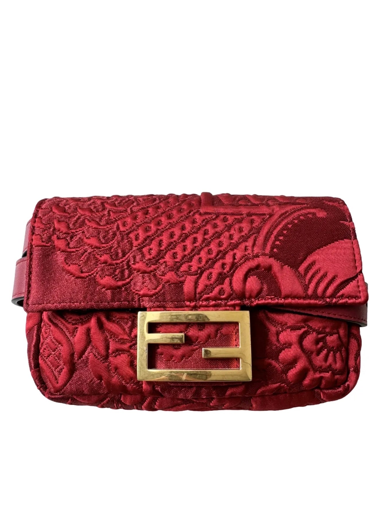 Fendi Red Rosso Fabric Floral Embroidered Hip Belt Pouch Baguette Bag Purse Pre-Owned